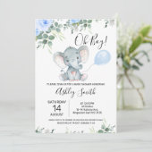 Blauwe Floral Eucalyptus Elephant Baby shower Kaart (Staand voorkant)