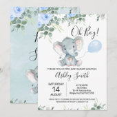 Blauwe Floral Eucalyptus Elephant Baby shower Kaart (Voorkant / Achterkant)