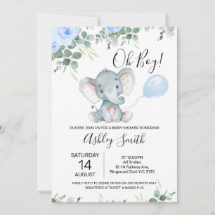 Blauwe Floral Eucalyptus Elephant Baby shower Kaart