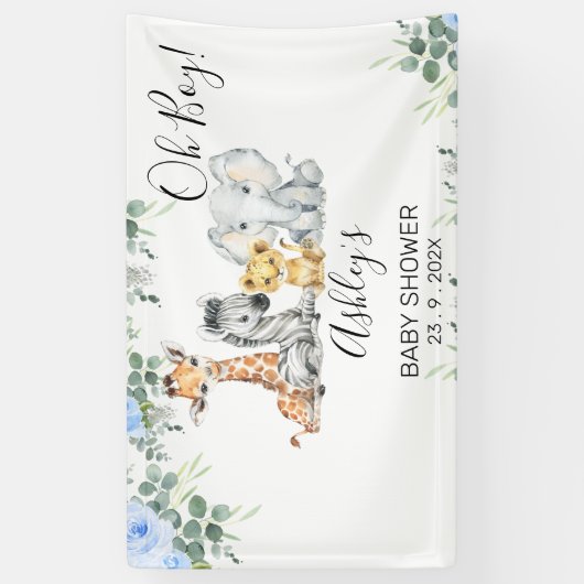 Blauwe Floral Eucalyptus Safari Baby shower Spandoek (Verticaal)