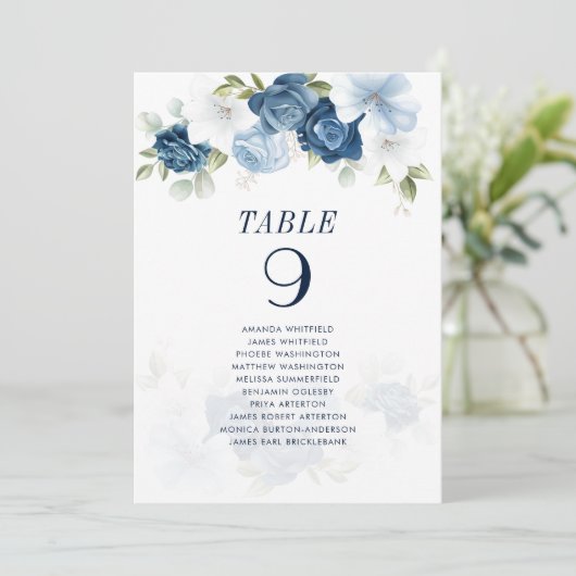 Blauwe Floral Eucalyptus Table Number (Zitplaatje) Kaart (Staand voorkant)