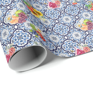 Blauwe  Floral Fruity Berries Siciliaanse Tegels Cadeaupapier