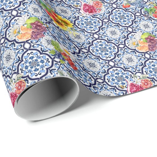 Blauwe  Floral Fruity Berries Siciliaanse Tegels Cadeaupapier (Rol Hoek)