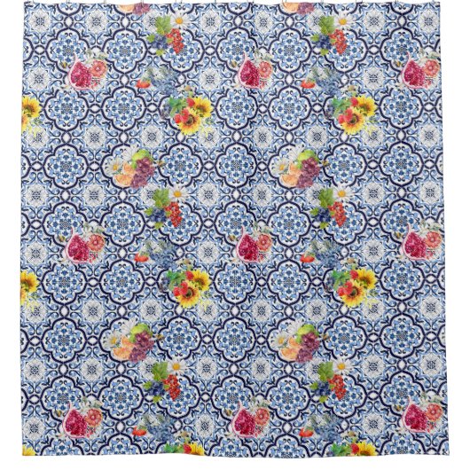 Blauwe  Floral Fruity Berries Siciliaanse Tegels Douchegordijn (Voorkant)