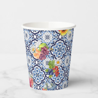 Blauwe Floral Fruity Berries Siciliaanse Tegels Papieren Bekers