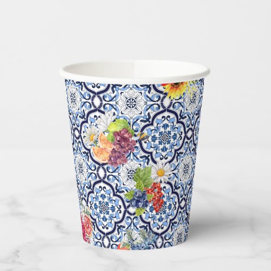 Blauwe  Floral Fruity Berries Siciliaanse Tegels Papieren Bekers (Links)