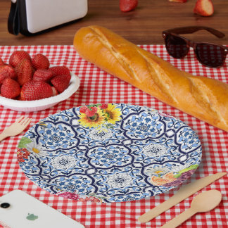 Blauwe Floral Fruity Berries Siciliaanse Tegels Papieren Bordje
