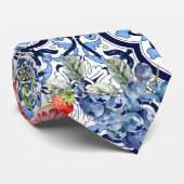 Blauwe Floral Fruity Berries Siciliaanse Tegels Stropdas (Opgerold)