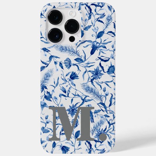 Blauwe Floral Girly Monogram Initiaal Case-Mate iPhone Case (Achterkant)