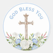 Blauwe Floral God zegene jullie religie Ronde Sticker (Voorkant)