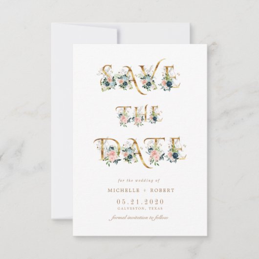 blauwe floral gold script Foto Save the Date Kaart (Voorkant)