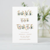 blauwe floral gold script Foto Save the Date Kaart (Staand voorkant)