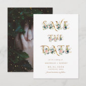 blauwe floral gold script Foto Save the Date Kaart (Voorkant / Achterkant)