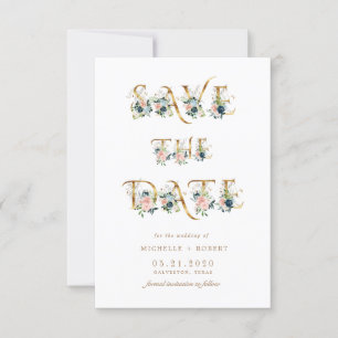 blauwe floral gold script Foto Save the Date Kaart