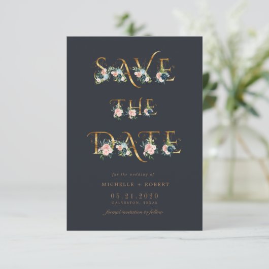 blauwe floral gold script Foto Save the Date Kaart (Staand voorkant)
