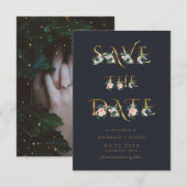 blauwe floral gold script Foto Save the Date Kaart (Voorkant / Achterkant)