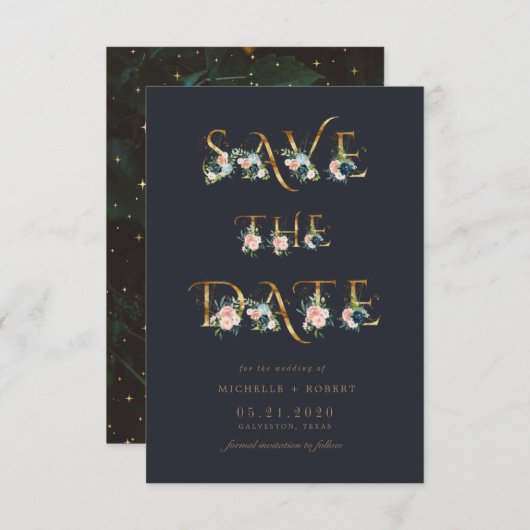 blauwe floral gold script Foto Save the Date Kaart (Voorkant / Achterkant)