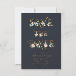 blauwe floral gold script Foto Save the Date Kaart