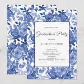 Blauwe Floral Graduation Party Kaart (Voorkant / Achterkant)