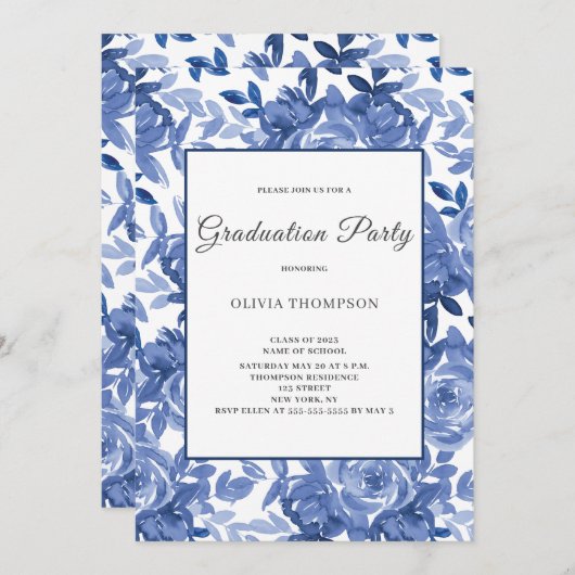 Blauwe Floral Graduation Party Kaart (Voorkant / Achterkant)