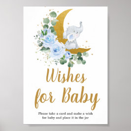 Blauwe Floral Greenery Elephant Moon wil Baby Poster