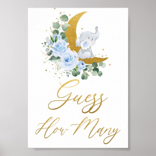 Blauwe Floral Greenery Elephant raad hoeveel teken Poster (Voorkant)