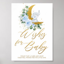 Blauwe Floral Greenery Elephant wil Baby Poster