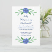 Blauwe Floral Greenery Foliage Bridesmaid Kaart (Staand voorkant)