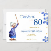 Blauwe Floral grootmoeder met Cane 80th Birthday Magnetische Uitnodiging (Voorkant)