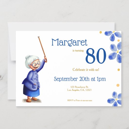 Blauwe Floral grootmoeder met Cane 80th Birthday Magnetische Uitnodiging (Voorkant)