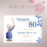 Blauwe Floral grootmoeder met Cane 80th Birthday Magnetische Uitnodiging<br><div class="desc">Cute floral call voor je dierbare moeder of grootmoeder's verjaardagsfeest. De afbeeldingen zijn ontworpen in prachtige blauwe kleuren en combineren een paar waterverf bloemen met een oude dame die een stok vasthoudt. Ze is gekleed in een blauw jasje, blauwe rok en bruine dwarsliggers. Haar grijze haar zit strak in een...</div>