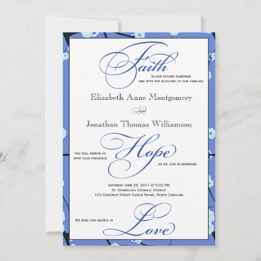 Blauwe Floral hedendaags Christelijk huwelijk Kaart (Voorkant)