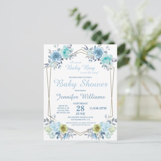 Blauwe Floral Het is een Baby shower van de Jonge Briefkaart (Staand voorkant)