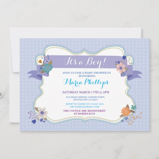 Blauwe Floral Het is een Baby shower van de Jongen Kaart (Voorkant)