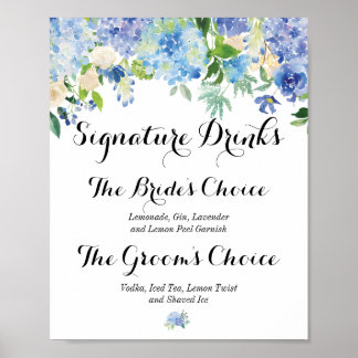 Blauwe Floral Hydrangea Handtekening Drink Poster