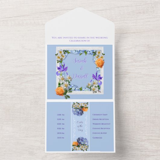 Blauwe Floral in één bruiloft All In One Uitnodiging (Binnen)