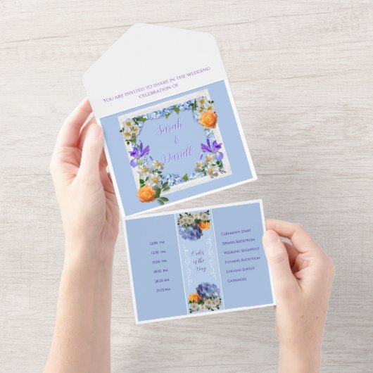 Blauwe Floral in één bruiloft All In One Uitnodiging (Afscheurbaar)
