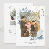 Blauwe Floral kerstfoto's Flat Holiday Kaart (Voorkant / Achterkant)