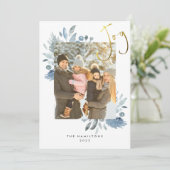 Blauwe Floral kerstfoto's Flat Holiday Kaart (Staand voorkant)