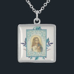 Blauwe Floral |Kind | Maagd Mary | Religie Sterling Zilver Ketting<br><div class="desc">Dit is een prachtig afbeelding van de "Blessed Moeder" als jong kind met blauwe bloemen op de achtergrond.</div>