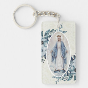 Blauwe Floral Lady of Grace Maagd Mary Lace Sleutelhanger