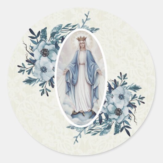 Blauwe Floral |Madonna | Maagd Mary | Lace Ronde Sticker (Voorkant)