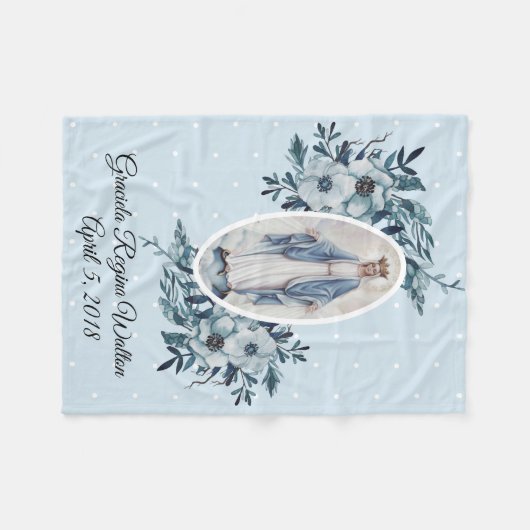 Blauwe Floral |Madonna | Maagd Mary | Witte Stippe Fleece Deken (Voorkant (Horizontaal))