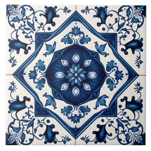 Blauwe Floral Mediterranean Decorative Tegeltje (Voorkant)