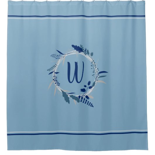 Blauwe Floral met aangepaste monogram stripes Douchegordijn (Voorkant)