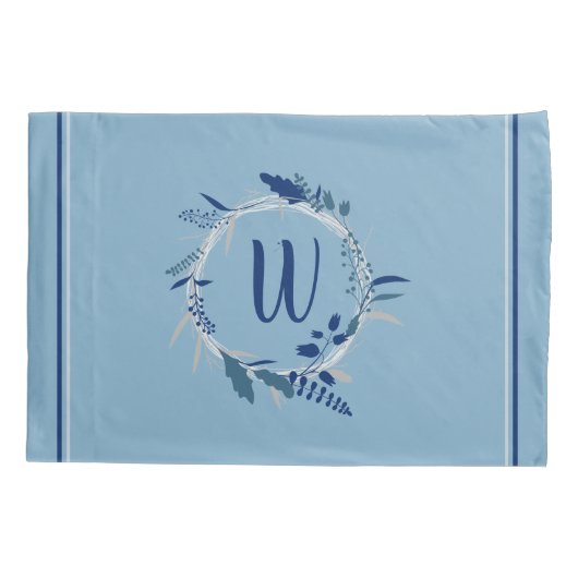 Blauwe Floral met aangepaste monogram stripes Kussensloop (Achterkant)