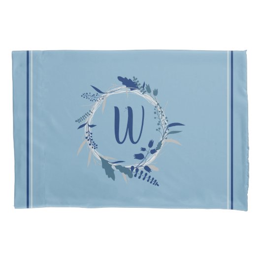 Blauwe Floral met aangepaste monogram stripes Kussensloop (Voorkant)