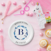 Blauwe Floral met Borden van Monogram B Papieren Bordje (Feest)
