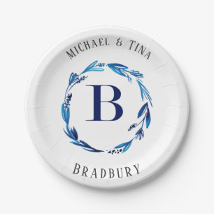 Blauwe Floral met Borden van Monogram B Papieren Bordje