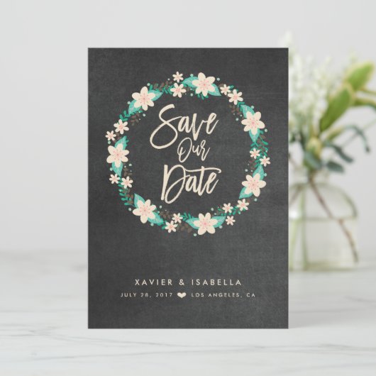 Blauwe Floral met de waarschuwing Datum Save The Date (Staand voorkant)